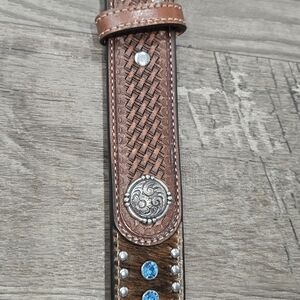 Nocona Brown Silver Belt with Intricate Weave and Conchos